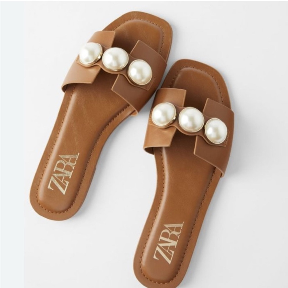 Zara Women's Brown Slide Sandals with Pearl Accents